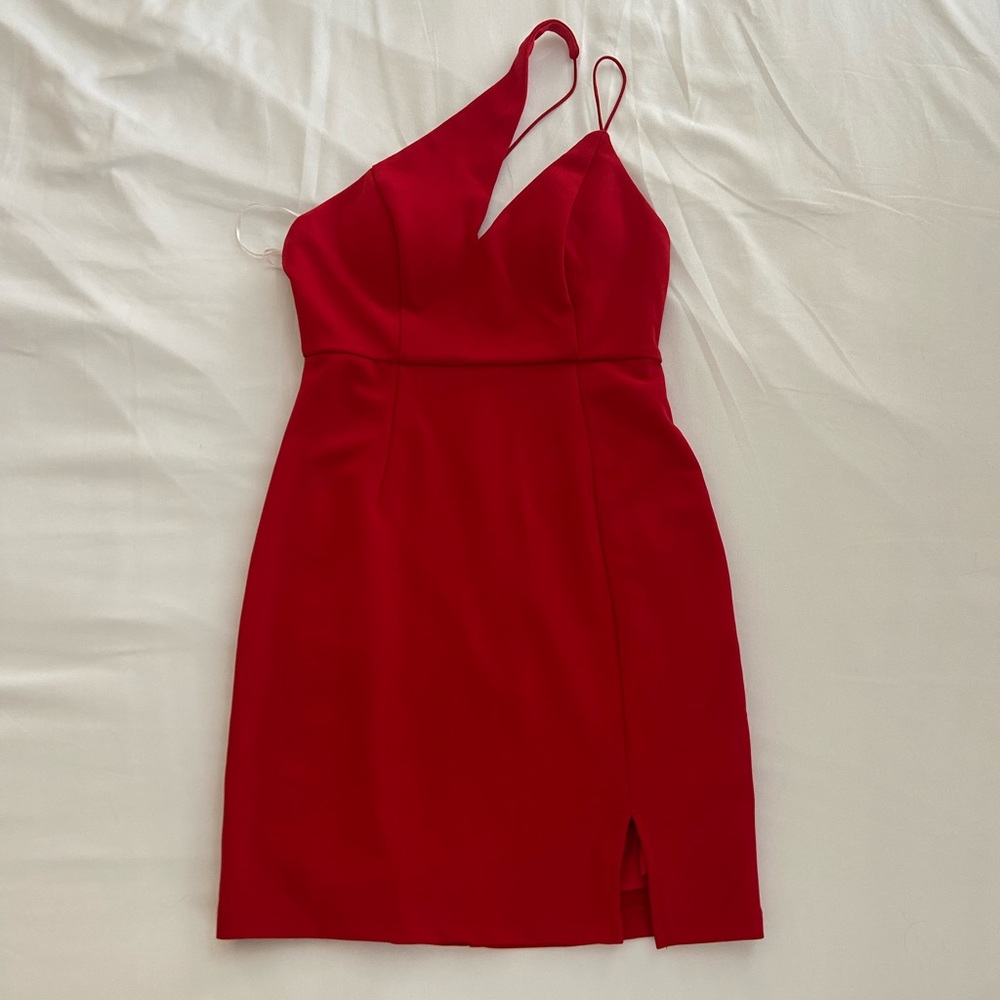 Red one shoulder mini dress